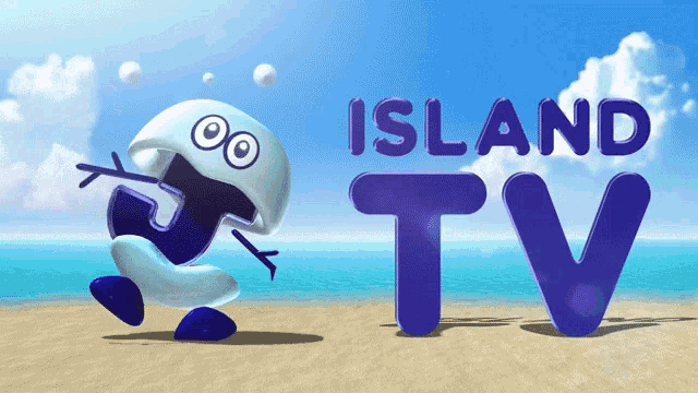 a cartoon character on the beach with the words island tv behind him