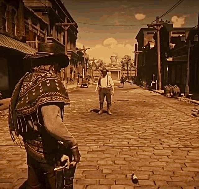a man in a cowboy hat stands on a cobblestone street looking at another man