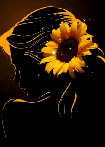 a silhouette of a woman with a large sunflower in her hair