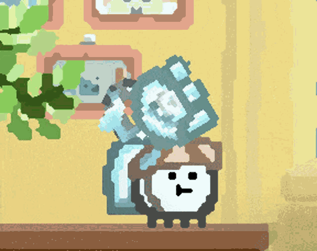 a pixel art drawing of a sheep holding a cube that says ' t ' on it