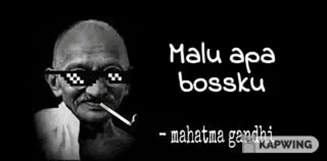 mahatma gandhi is wearing sunglasses and smoking a cigarette in a black and white photo .
