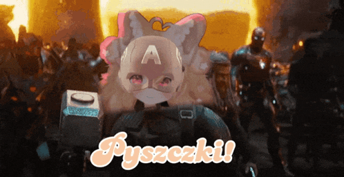 a cartoon of captain america holding a hammer with the words pysczeki below him