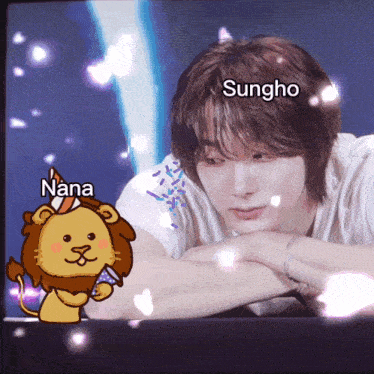 a cartoon of a lion with nana and sungho written below it