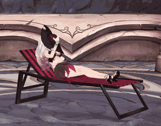 a video game character is laying on a lounge chair