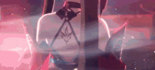 a close up of a person 's torso in a video game with a pink background .