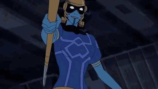 a cartoon of a woman in a blue coat with a white star on it .