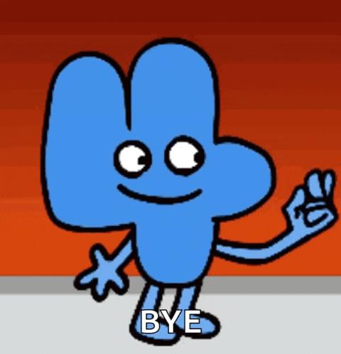 a cartoon character with the word bye written on it