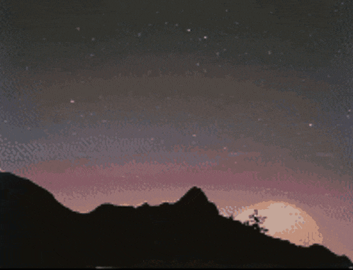 a pixelated image of a sunset with mountains in the foreground and a full moon in the background