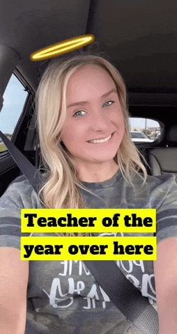 a woman in a car with the words teacher of the year over here on the bottom