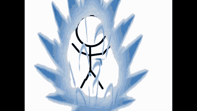 a drawing of a stick figure is surrounded by blue leaves
