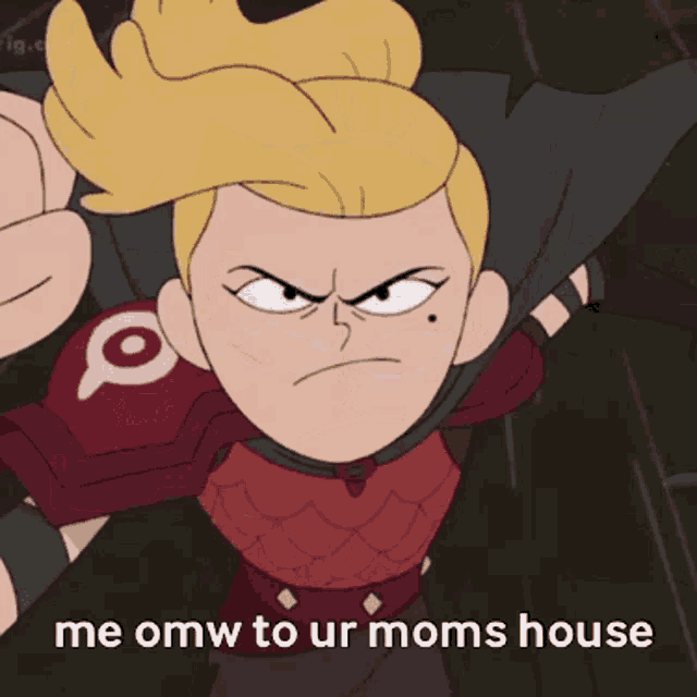 a cartoon character with the words me omw to ur moms house on the bottom