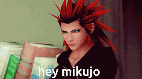 a video game character with red hair and green eyes says hey mikujo