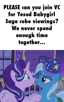 two ponies are standing next to each other and one is wearing a blue hat