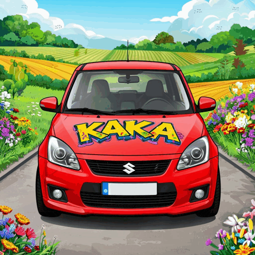 a red suzuki car with the word kaka on the front