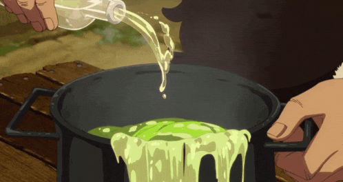 a person pouring liquid into a pot with green liquid coming out of it