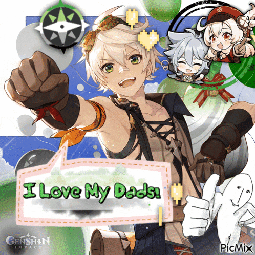 a picture of a video game character with a speech bubble that says " i love my dads "