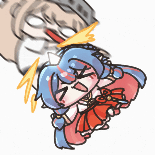 a drawing of a girl with blue hair and a red skirt