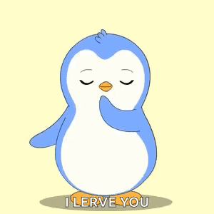 a penguin is holding a red heart in its hand and saying `` i love you '' .