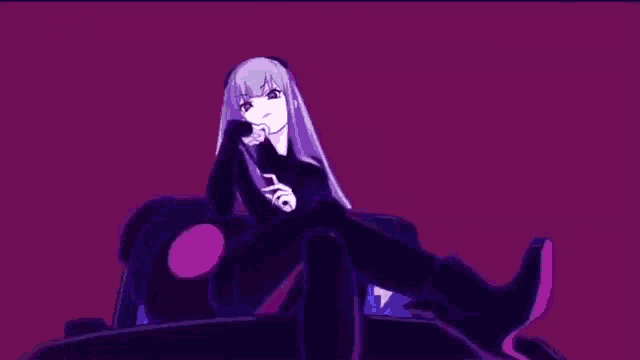 a purple anime girl is sitting on a purple couch holding a microphone .