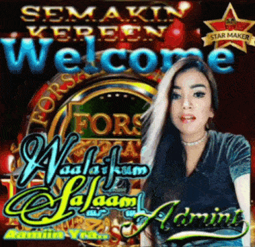 a woman stands in front of a sign that says " welcome "