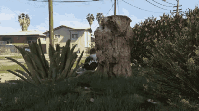 a person sitting in the grass with a shirt that says malibu