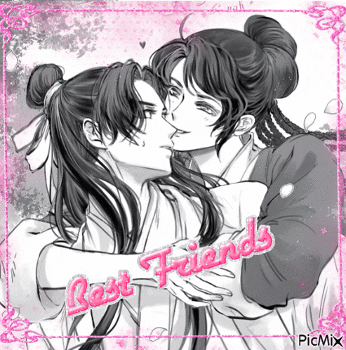 a black and white drawing of two men kissing with the words best friends written in pink