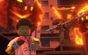 a lego character is holding a microphone in front of a fire dragon .
