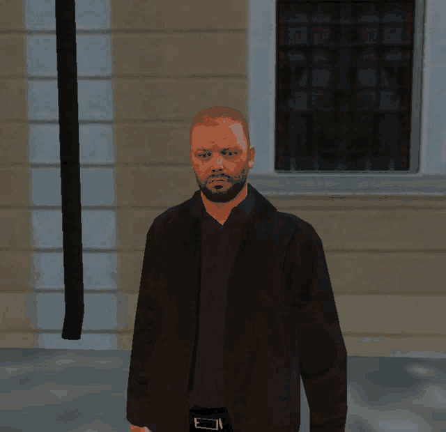 a man with a beard wearing a black jacket is standing in front of a building
