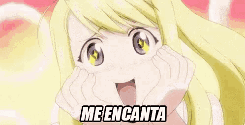a blonde anime girl is smiling with her hands on her face and the words `` me encanta '' written on the bottom .