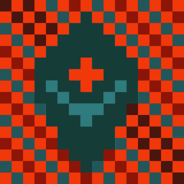 a pixel art of a cross on a red and blue checkered background