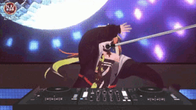 a dj playing a song with a sword and a sign that says nj world