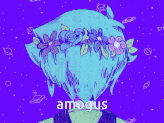 amongus is written on a purple background with a person wearing flowers on their head
