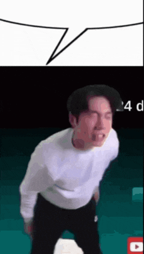 a man in a white shirt and black pants is standing in front of a speech bubble that says 4 d