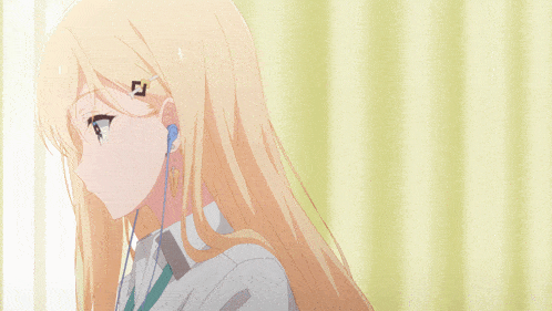 a blonde anime girl wearing earbuds and earrings