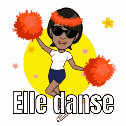 a cartoon of a cheerleader wearing sunglasses and a lei is holding pom poms .