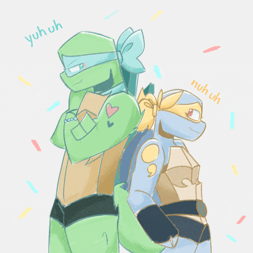 a drawing of two teenage mutant ninja turtles with the words yuhuh and nuhuh written below them