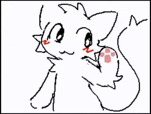 a black and white drawing of a cat with a red paw print