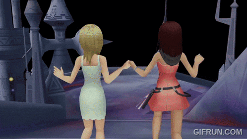 a gif from a video game shows two women dancing