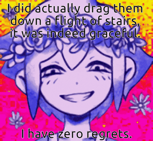 a picture of a girl with flowers in her hair and the words " i have zero regrets " on the bottom