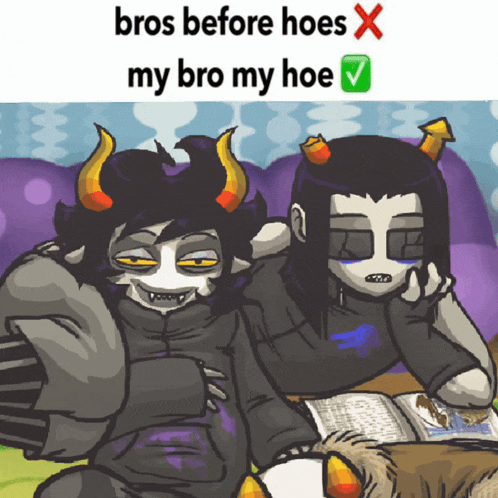 two trolls are sitting next to each other with the caption " bros before hoes "