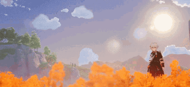 a cartoon character standing in a field of fire