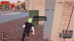 a screenshot of a video game shows a man with green hair running towards a safe