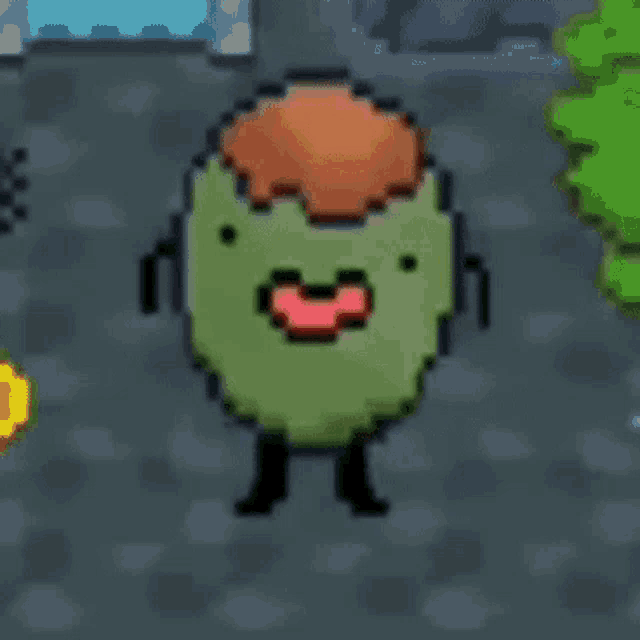 a pixel art drawing of a green object with a red tongue sticking out