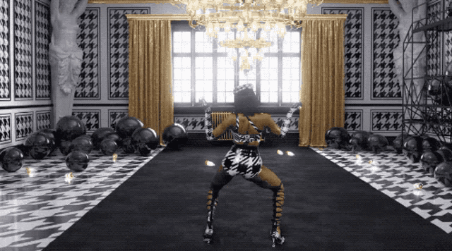 a woman in a zebra print outfit is dancing in a room