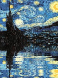 a painting of a starry night over water