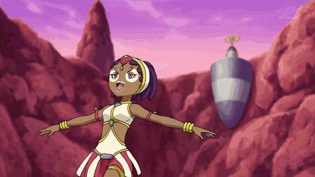 a cartoon of a woman with her arms outstretched and a purple sky in the background that says tv tokyo on the bottom