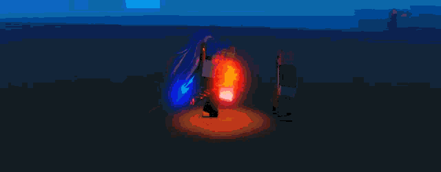 a person is standing in front of a large fireball in a game .