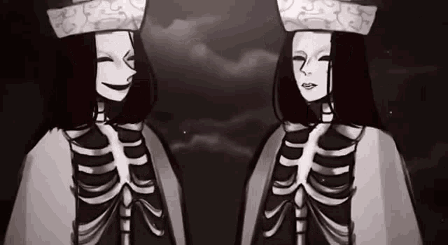 a black and white drawing of two skeletons standing next to each other .