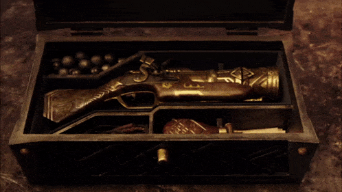 a treasure chest with a sword in it