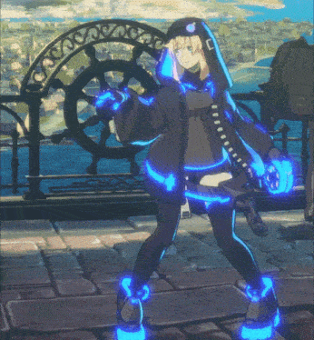 a girl in a video game is standing in front of a boat wheel